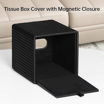 MEIBOOCH PU Leather Tissue Box Cover Square Tissue Box Holder with Magnetic Closure (Black Stripe)