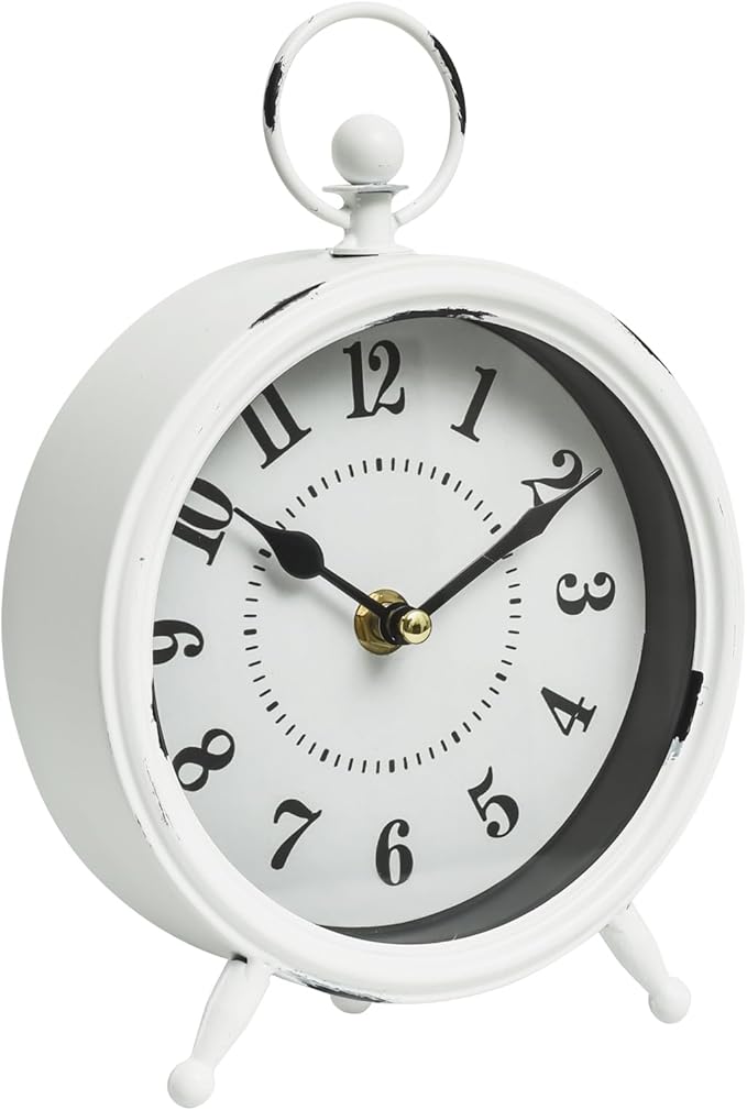 MACVAD Small white table clock Vintage Rustic White Table Clock on Stand, Decorative Desk and Shelf Clock Farmhouse Mantel Clock Rustic Non-Ticking Clock