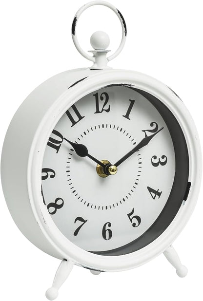 MACVAD Small white table clock Vintage Rustic White Table Clock on Stand, Decorative Desk and Shelf Clock Farmhouse Mantel Clock Rustic Non-Ticking Clock