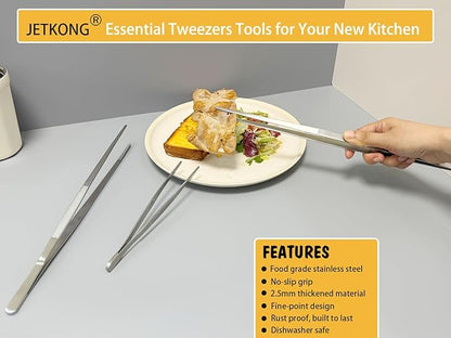JETKONG 10 Inch Kitchen Tweezers Tongs Stainless Steel Cooking Tweezers Professional Chef Tweezers for Serving Food