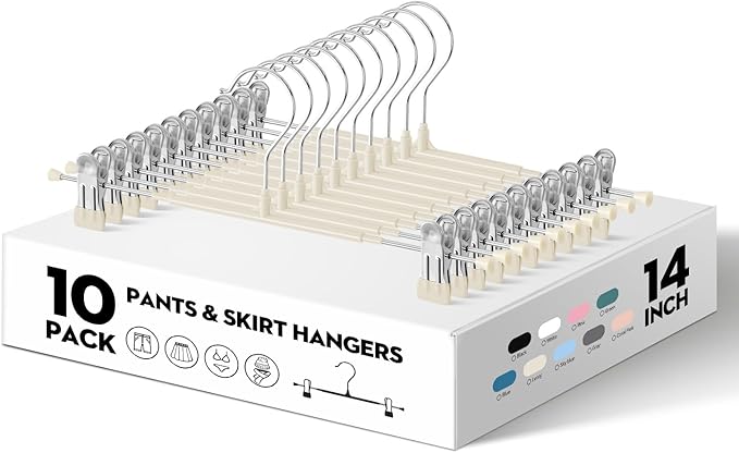 10PACK 14Inch Pants Hangers with Clips Adjustable Skirt Hangers for Women Metal Non-Slip Trousers Hanger Heavy Duty Space Saving Clothes Hanger for Shorts,Jeans,Lvory