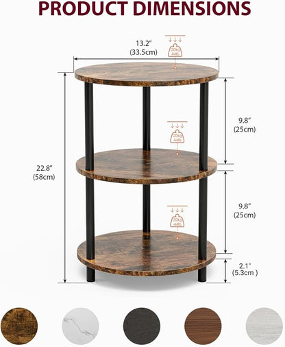 XBurmo Small Round Coffee Table - 3 Tier Design Accent Table, Narrow Side or Bedside Stand, Industrial Vintage Nightstand for Bedroom, Living Room, or Small Spaces, Rustic Brown