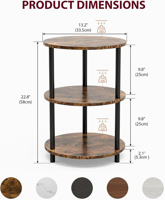 XBurmo Small Round Coffee Table - 3 Tier Design Accent Table, Narrow Side or Bedside Stand, Industrial Vintage Nightstand for Bedroom, Living Room, or Small Spaces, Rustic Brown
