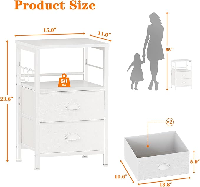 Furologee Nightstands Set of 2, End Table with 2 Fabric Drawers, Night Stand with 2 Hooks, Open Wood Shelf Bedside Table for Bedroom/Living Room/White