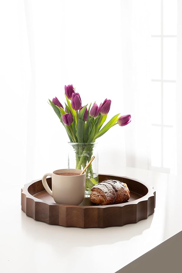 Kate and Laurel Lissi Decorative Round Tray with Wavy Design, 15 Inch Diameter, Walnut Brown, Mid-Century Modern Scalloped Circle Serving Tray for Coffee Table, Ottoman, or Entryway Decor