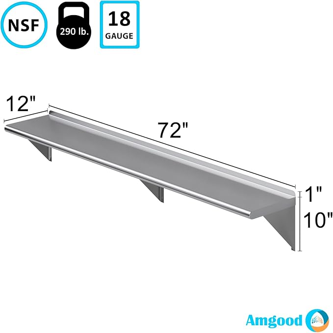 AmGood 12" X 72" Stainless Steel Wall Shelf | NSF | Metal Shelving | Garage, Laundry, Storage, Utility Room | Restaurant, Commercial Kitchen