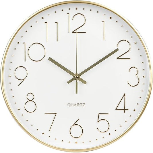 Wall Clock Non-Ticking Silent Modern Simple Style Round Decor Clock Stereoscopic Dial Quartz Wall Clocks for Home/Office/School/Living Room/Bedroom/Kitchen (Gold, 8inch)