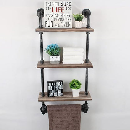 Industrial Pipe Shelf Bathroom Shelves Wall Mounted,19.6in Rustic Wood Shelf with Towel Bar,3 Tier Farmhouse Towel Rack Over Toilet,Pipe Shelving Floating Shelves Towel Holder,Retro Grey