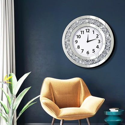 DMDFIRST Crystal Crushed Diamond Mirrored Round Wall Clock 16x16x2 inches for Wall Decoration Silver Glass Mirror Clock Sparkle Twinkle Bling Home Decor. AA Battery is not Included.