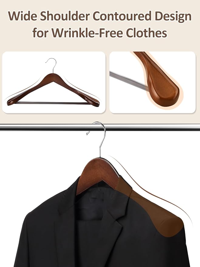 AMKUFO Wide Shoulder Wooden Hangers 8 Pack Coat Hanger with Non Slip Pants Bar, Heavy Duty Suit Hanger Wood Clothes Hangers with Smooth Finish 360° Swivel Hook for Sweater Jackets Shirts Walnut