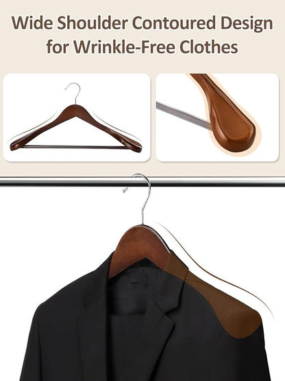 AMKUFO Wide Shoulder Wooden Hangers 8 Pack Coat Hanger with Non Slip Pants Bar, Heavy Duty Suit Hanger Wood Clothes Hangers with Smooth Finish 360° Swivel Hook for Sweater Jackets Shirts Walnut