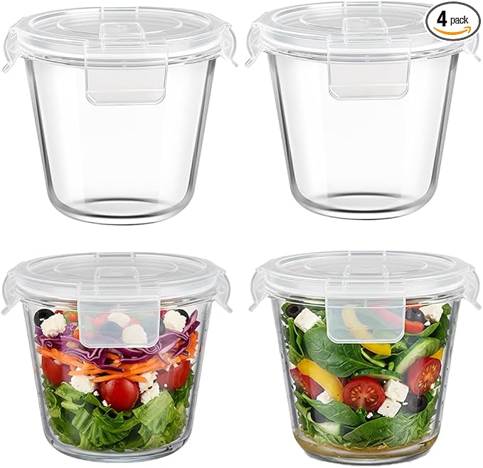 H.JSS WDJS 3Cup Round Glass Food Storage Containers with Airtight lids, 23oz Glass Meal Prep Containers, Heat-Resistant BPA-Free for Soup Leftover, Microwave, Dishwasher and Fridge Safe (white-4Pack)