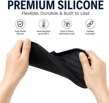 MicoYang Silicone Soap Dish with Drain Spout — Self-Draining Sink Organizer Tray for Bathroom & Kitchen, Sponges, Dispensers & Soap Holder, Non-Slip & Dishwasher Safe, Black (Medium, 9.6"×5.3")