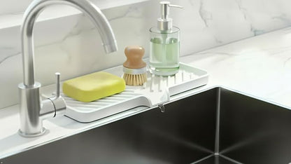 Happitasa Silicone Soap Dish Tray and Sponge Holder with Drain Chute and Feet | 3-Way Sloped Design | Bathroom and Kitchen Sink Organizer Caddy (Black, 10"x4")