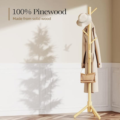 Pipishell Solid Wooden Coat Rack Freestanding, Hall Tree with 8 Hooks, 3 Height Options for Coats, Hats, Handbags, and Scarves, Tool-Free Assembly, Space Saving Design for Entryway, Office, Bedroom