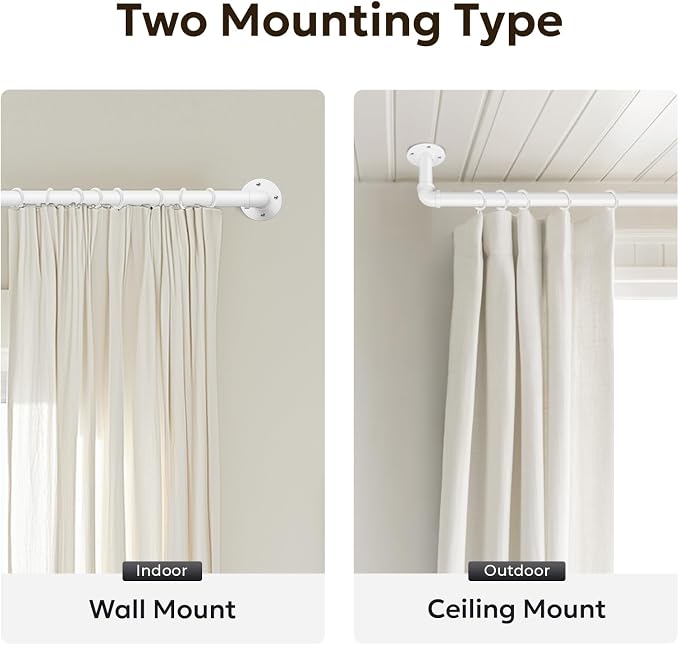 Zeerobee Curtain Rods for Windows 32 to 72, 1 Inch Industrial Wrap Around White Curtain Rod, Indoor/Outdoor Room Divider Adjustable Drapery Pole, 32"-72"