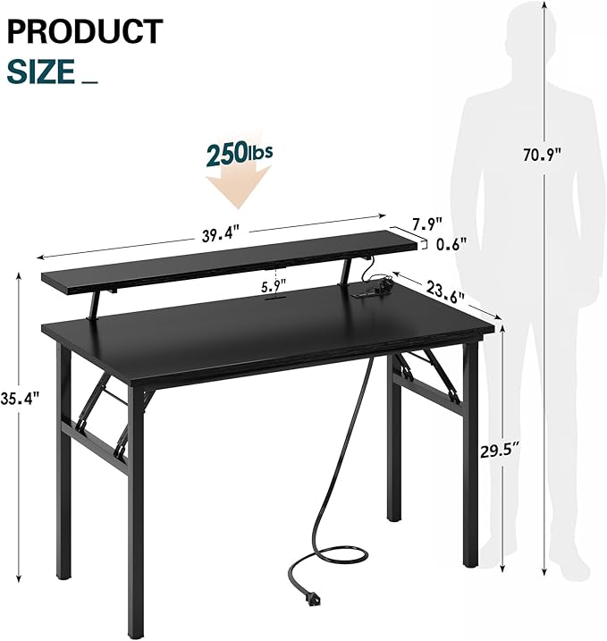 DlandHome Computer Desk 39’’ with LED Lights & Power Outlets, Folding Desk with Monitor Stand, Writing Desk Home Office Desk, Black