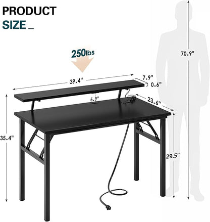 DlandHome Computer Desk 39’’ with LED Lights & Power Outlets, Folding Desk with Monitor Stand, Writing Desk Home Office Desk, Black