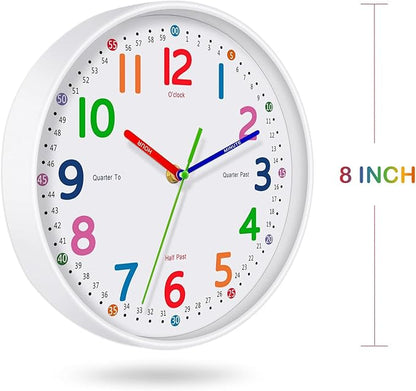 Silent Kids Wall Clock – Non-Ticking, Battery-Powered, Ideal for Teaching Time and Stylish Décor in Any Room - 8 Inch