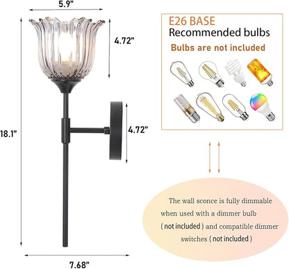 Vintage Wall Sconce Set of 2 with Smoke Gray Glass Shades Mid Century Bathroom Vanity Wall Light Fixtures Industrial Matte Black Wall Lamp for Bedroom Mirror Living Room Restaurant