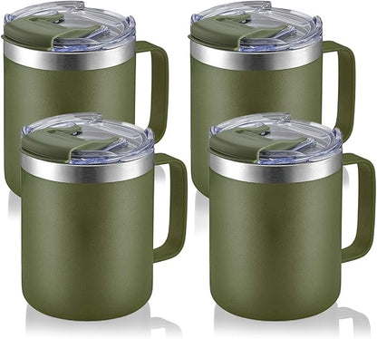 12oz Stainless Steel Insulated Coffee Mug with Handle, Double Wall Vacuum Tumbler Cup with Fliping Lid, Army Green, 4 Pack