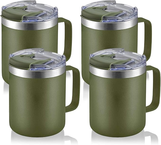 12oz Stainless Steel Insulated Coffee Mug with Handle, Double Wall Vacuum Tumbler Cup with Fliping Lid, Army Green, 4 Pack