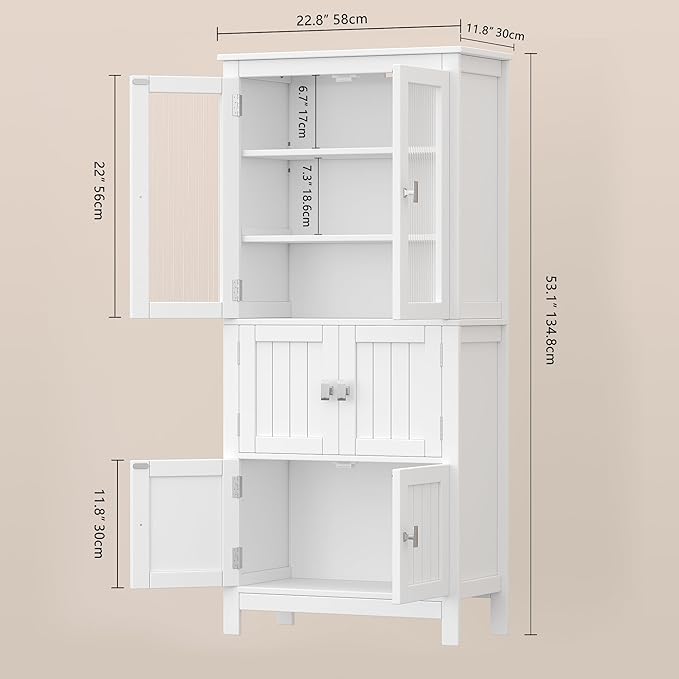 Akxomel 53.1" H Tall Bathroom Storage Cabinet, Bathroom Floor Cabinet with 6 Doors and Adjustable Shlef, Linen Cabinet, Pantry Cabinet for Living Room, Kitchen, Entryway, White