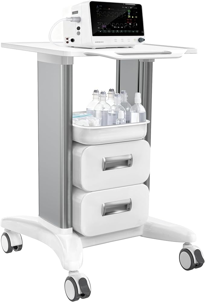 Medical Cart 3 Tiers, Lab Utility Cart with 2 Drawers & 1 Top Tray, ABS Mobile Medical Trolley Cart, Hospital Mobile Ultrasound Cart with 4 Silent Wheels for Dental Clinic, Beauty Salon, 220 LBS