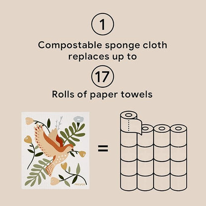 RECYCO Swedish Dishcloths for Kitchen | 6 Pack Birdsong and Blooms Washable Dish Rags | Cellulose Reusable Cleaning Paper Towels | Absorbent Counter Dish Cloth Sponge Kitchen Wipes, 8" L x 7" W