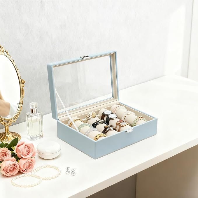 Bracelets Organizer Rods Bangles Display Holder, Clear See through Lid Leather Velvet Jewelry Storage Box Case for Women, 4 Rods Blue Leather