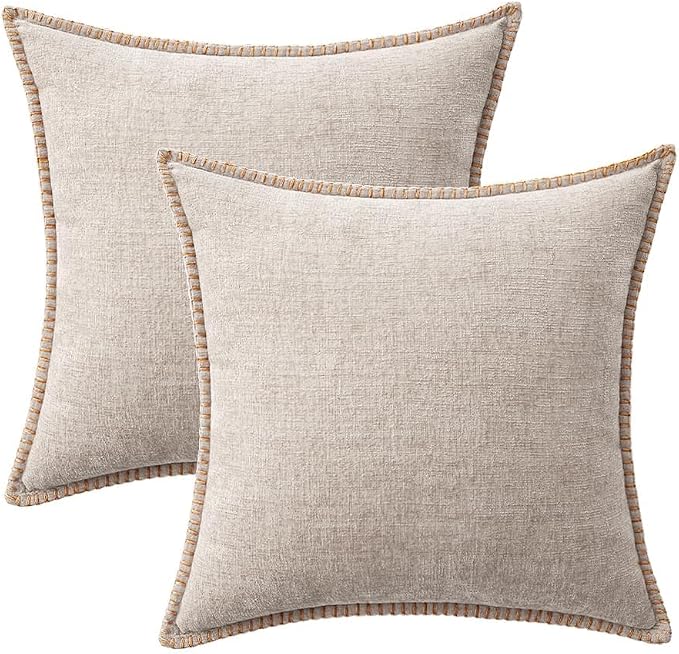 MIULEE Pack of 2 Couch Throw Pillow Covers 20x20 Inch Natural Beige Farmhouse Decorative Pillow Covers with Stitched Edge Taupe Soft Chenille Solid Dyed Pillow Covers for Sofa Bed Living Room