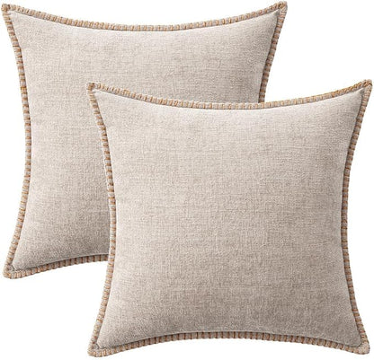 MIULEE Pack of 2 Couch Throw Pillow Covers 20x20 Inch Natural Beige Farmhouse Decorative Pillow Covers with Stitched Edge Taupe Soft Chenille Solid Dyed Pillow Covers for Sofa Bed Living Room
