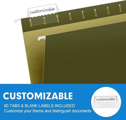 Extra Capacity Hanging File Folders, RAZCC 60 Pack Letter Size Reinforced Hanging Folders with Heavy Duty 2 Inch Expansion for Bulky Files, Filing Cabinet, Adjustable Tabs, Green