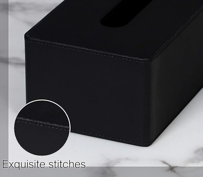 GOLRANLYE Tissue Box Cover Rectangular 9.8"(L) x 5.3"(W) x 4.3"(H) Refined Modern PU Leather Facial Tissue Dispenser Box Holder for Dresser Bathroom Decorative (Black)