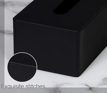 GOLRANLYE Tissue Box Cover Rectangular 9.8"(L) x 5.3"(W) x 4.3"(H) Refined Modern PU Leather Facial Tissue Dispenser Box Holder for Dresser Bathroom Decorative (Black)