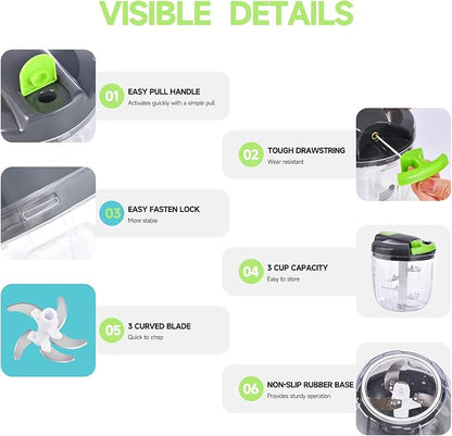 Manual Food Processor Vegetable Chopper, Portable Hand Pull String Garlic Mincer Onion Cutter for Veggies, Ginger, Fruits, Nuts, Herbs, etc., （900ml,Gray-green）