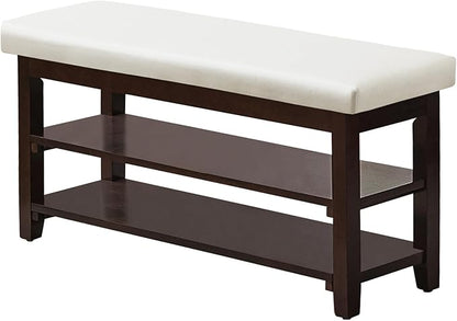 40" Shoe Bench with Leather Cushion, 2-Tier Shoe Rack Entryway Bench, Wood Bench for Front Door Entrance, Mudroom, Hallway, Wooden Shoe Shelves, Shoe Organizer, Shoe Storage, White