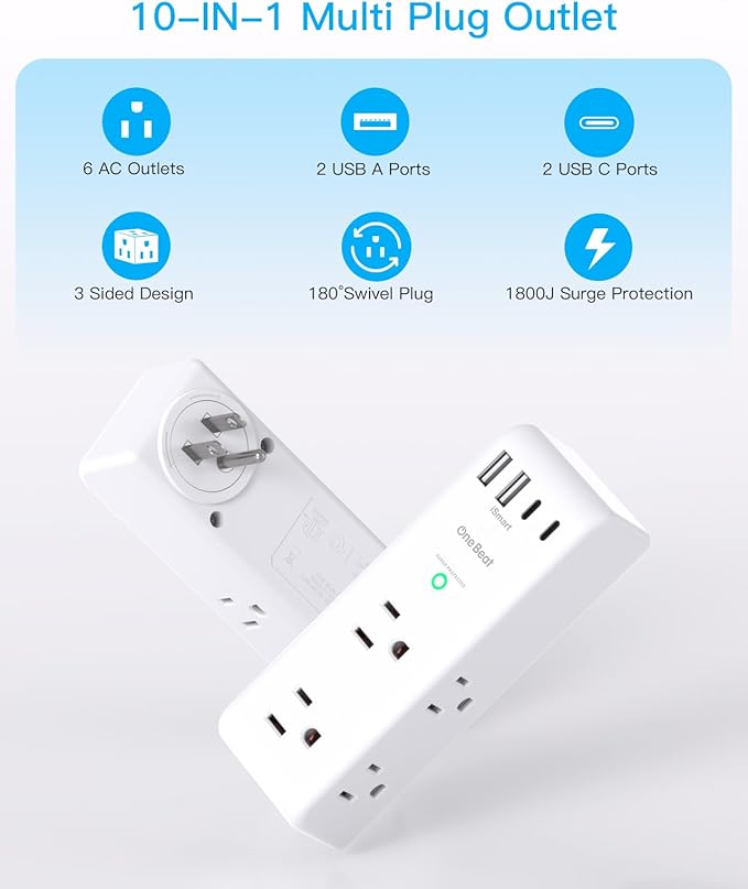 Surge Protector Outlet Extender with Rotating Plug, 6 AC Multi Plug Outlet with 4 USB Ports (3 USB C), 1800 J, 3-Sided Swivel Power Strip with Spaced Outlet Splitter for Dorm Office, White-2 Pack