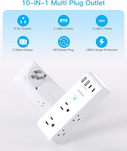 Surge Protector Outlet Extender with Rotating Plug, 6 AC Multi Plug Outlet with 4 USB Ports (3 USB C), 1800 J, 3-Sided Swivel Power Strip with Spaced Outlet Splitter for Dorm Office, White-2 Pack