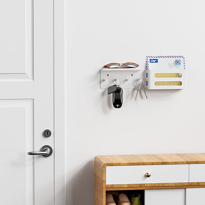 Key and Mail Holder for Wall, Key Hooks Rack Hanger Organizer Wall Mount with Small Shelf, Men Metal Entryway Living Room Storage Decor for Coat Purse Bag Wallet Dog Leash, Black