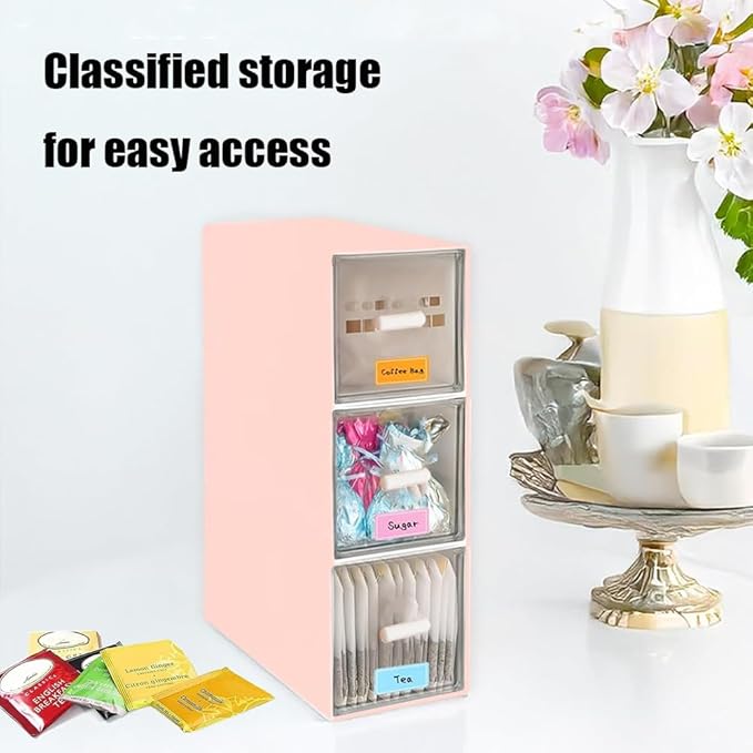 Plastic Clear Tea Box, Tea Bag Organizer with 3 Drawers, Stackable Storage Drawers, Makeup Organizer, Stackable Tea Bag Storage for Sugar Sachets, Coffee, Cosmetic, Jewelry, Bathroom Organization