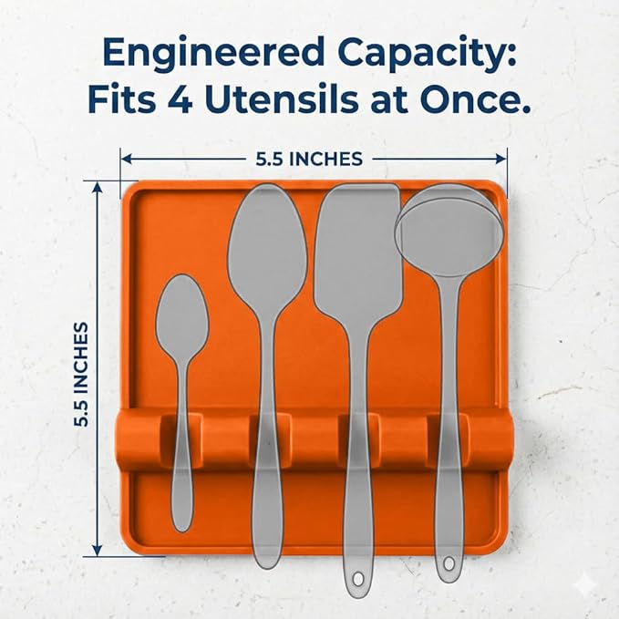 Orange Silicone Spoon Rest for Stove Top with Drip Pad (Two Pack) - Heat Resistant BPA Free Utensil Rest & Spoon Holder for Kitchen Counter - Grill Utensil Chopstick Holder - Spatula Holder
