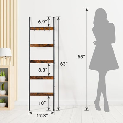 ELYKEN Blanket Ladder for Living Room, Farmhouse 5-Tier Quilt Holder with 4 Removable Hooks for Bathroom, Wood Towel Rack Display, Wall Anchor Leaning Decorative Stand for Home, Rustic Brown