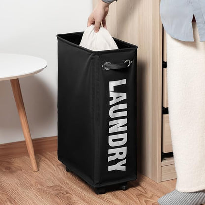 DOKEHOM 25-Inches Slim Laundry Basket on Wheels, Collapsible Rolling Laundry Hamper, Foldable Narrow Corner Clothes Storage Bins (Black)