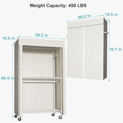 FUTASSI White Clothing Rack with Beige Cover, P1C Rolling Closets with Wheels, Metal Garment Rack for Hanging Clothes, Clothing Storage Wardrobe, 36.2" W x 16.5" D x 80.5" H, Load 450 Pounds