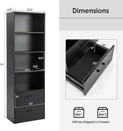 Tangkula 4 Shelf Bookcase with 2 Drawers, 74 Inch 4 Tiers Tall Open Bookshelf with 2 Slide-Out Drawers, Anti-toppling Device, Freestanding Wood Storage Shelf for Home Office (Black, 74" H)