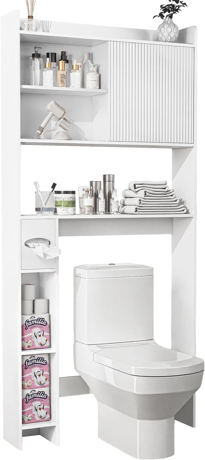 31.5" W Over The Toilet Storage Cabinet with Sliding Door, Bathroom Above Toilet Storage Cabinet with Adjustable Shelves, Toilet Paper Holder, Space Saver Cabinet for Bathroom, White