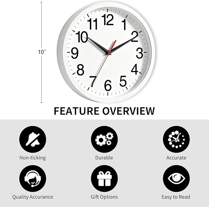 Rohioue Wall Clock Modern 10 Inch Battery Operated Silent Non Ticking Analog Clock Decorative for Bedroom Kitchen Bathroom Office Home (White)