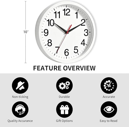 Rohioue Wall Clock Modern 10 Inch Battery Operated Silent Non Ticking Analog Clock Decorative for Bedroom Kitchen Bathroom Office Home (White)