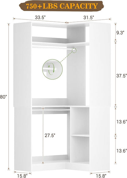 Aheaplus Corner Closet System With Shelves, 34'' Organizer With Hanging Rods, Wood Walk-in for Small Space, Freestanding Tower, L Shaped Garment Rack, White